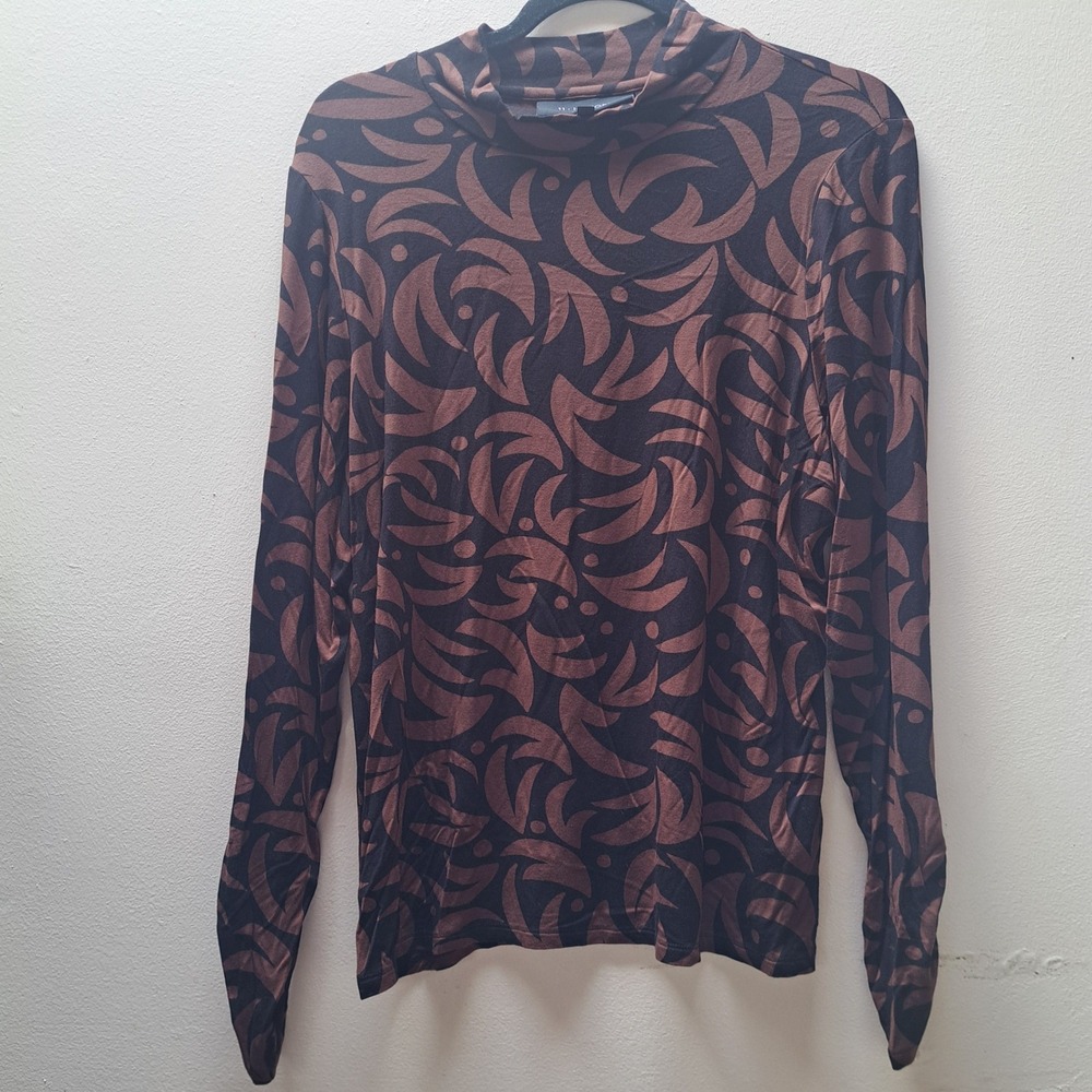 11 Honore Brown Black Abstract Swirl Mock Neck Top Ruched Sleeve  Size 2